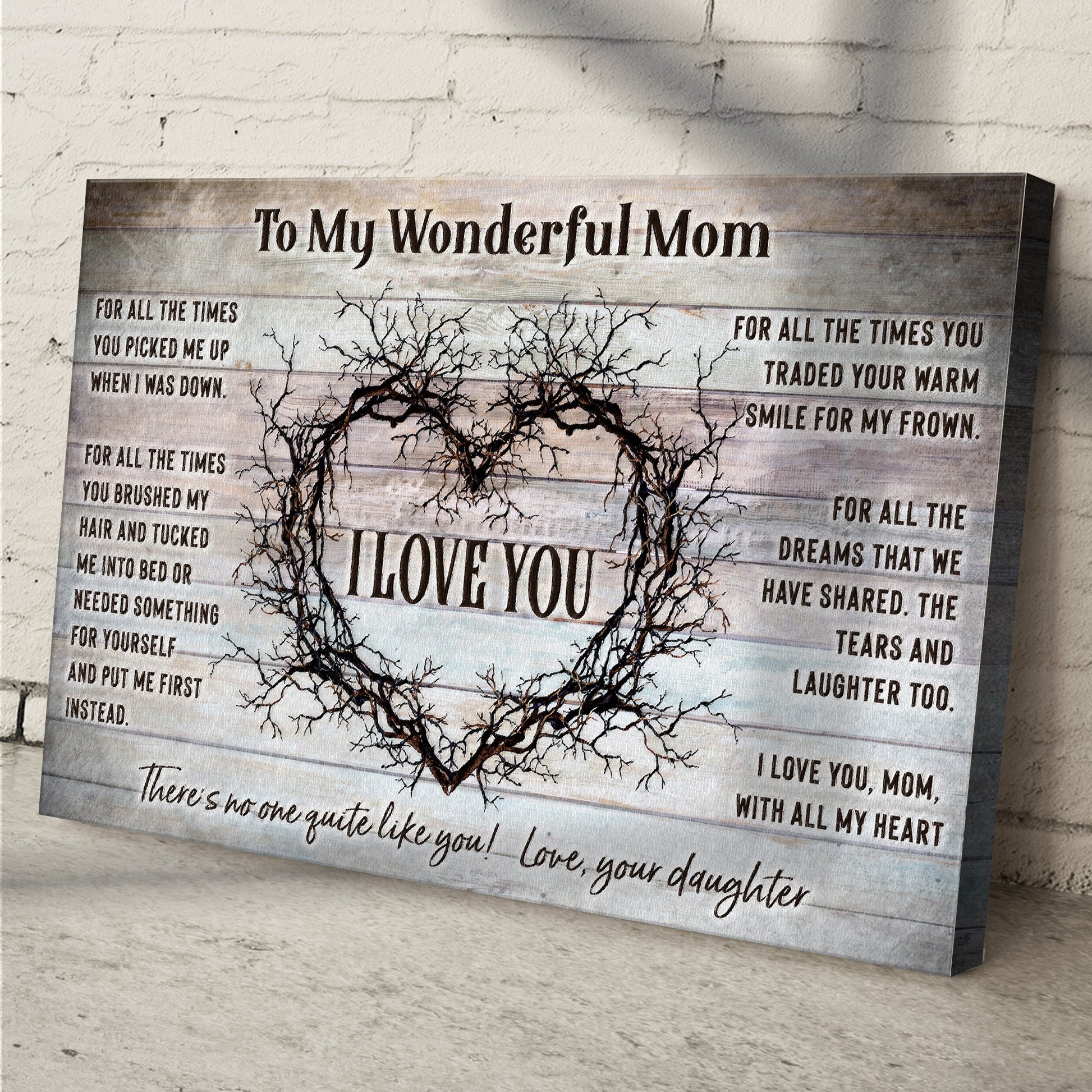 Canvas sign To My Wonderful Mom with rustic wood backdrop and tree silhouette on Tampa Home & Garden Store