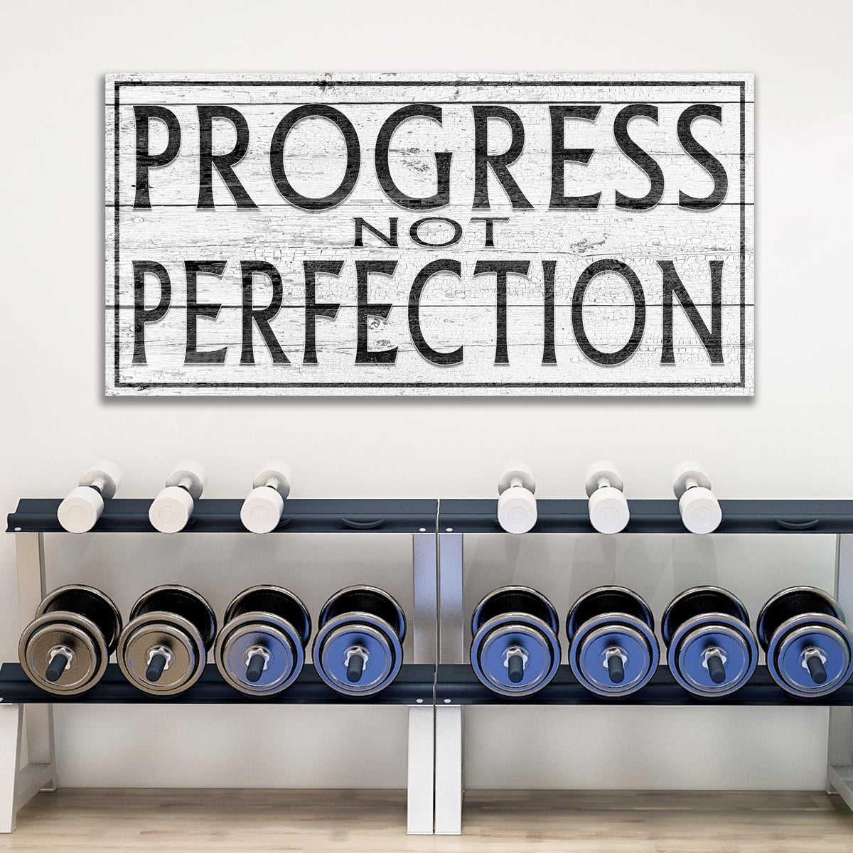 Progress Not Perfection canvas sign with distressed wood and lettering by Tailored Canvases on Tampa Home & Garden Store