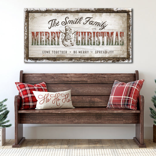 Merry Christmas Sign canvas by Tailored Canvases with rustic wood frame and snowman design on Tampa Home & Garden Store