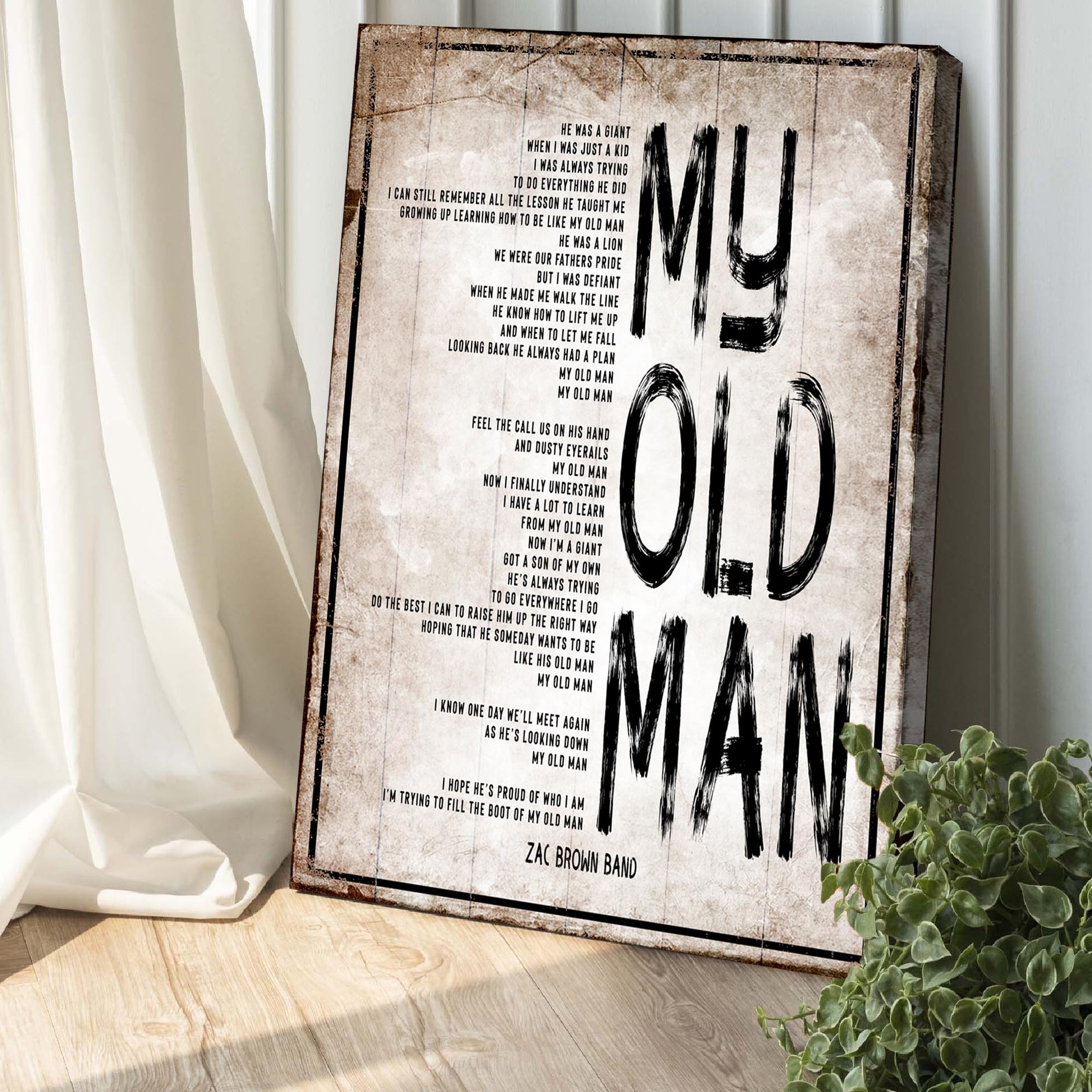 Canvas sign My Old Man with a distressed beige wood background and bold black typography on Tampa Home & Garden Store