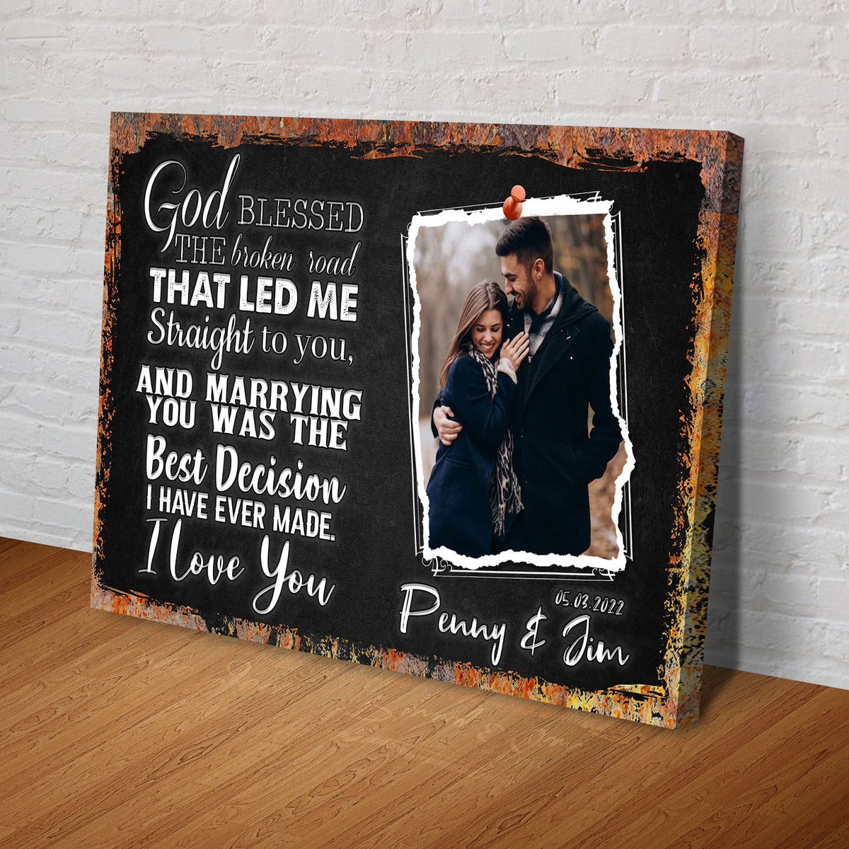 Canvas sign God Bless The Broken Road Led Me To You, Tailored Canvases, orange-edged chalkboard on Tampa Home & Garden Store