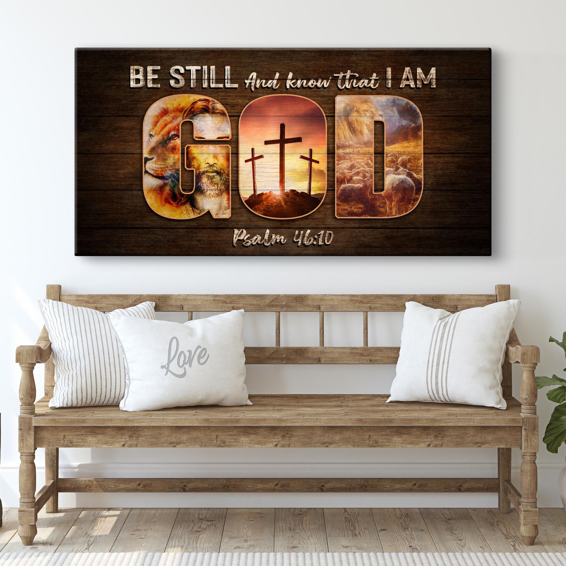 Canvas Be Still Psalm 46:10 by Tailored Canvases with 000 numerals on dark wood backdrop on Tampa Home & Garden Store
