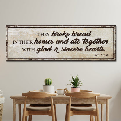 Canvas sign Tailored Canvases, distressed beige crafting canvas with Acts 2:46 scripture on Tampa Home & Garden Store