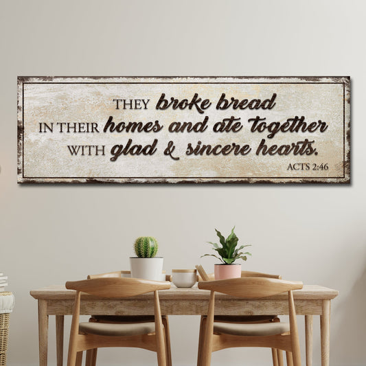 Canvas sign Tailored Canvases, distressed beige crafting canvas with Acts 2:46 scripture on Tampa Home & Garden Store