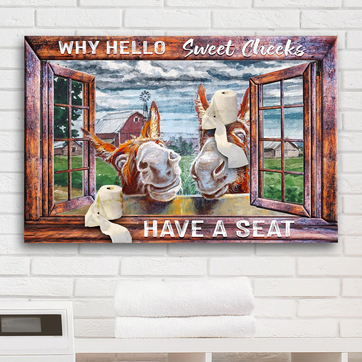 Have A Seat Sweet Cheeks bathroom sign canvas by Tailored Canvases with rustic wood frame on Tampa Home & Garden Store