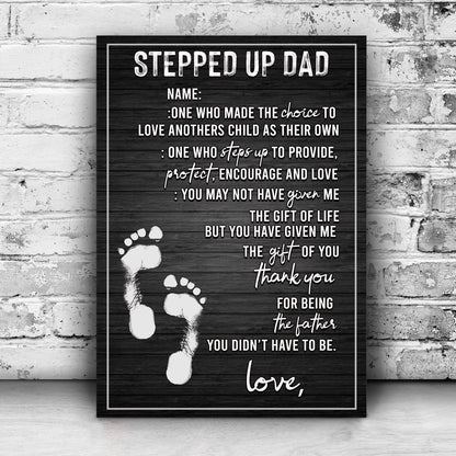 Stepped Up Dad crafting canvas sign, black wood grain, white lettering, Tailored Canvases on Tampa Home & Garden Store
