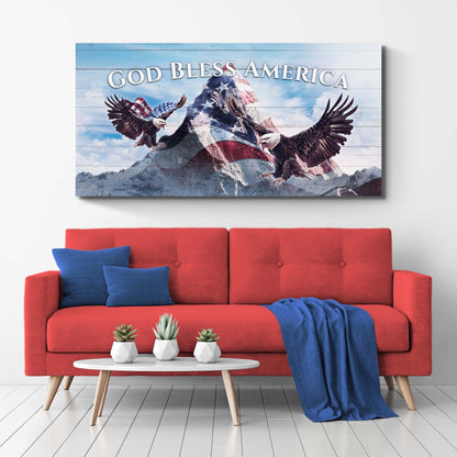 God Bless America canvas sign by Tailored Canvases with patriotic eagle and flag on blue wood on Tampa Home & Garden Store