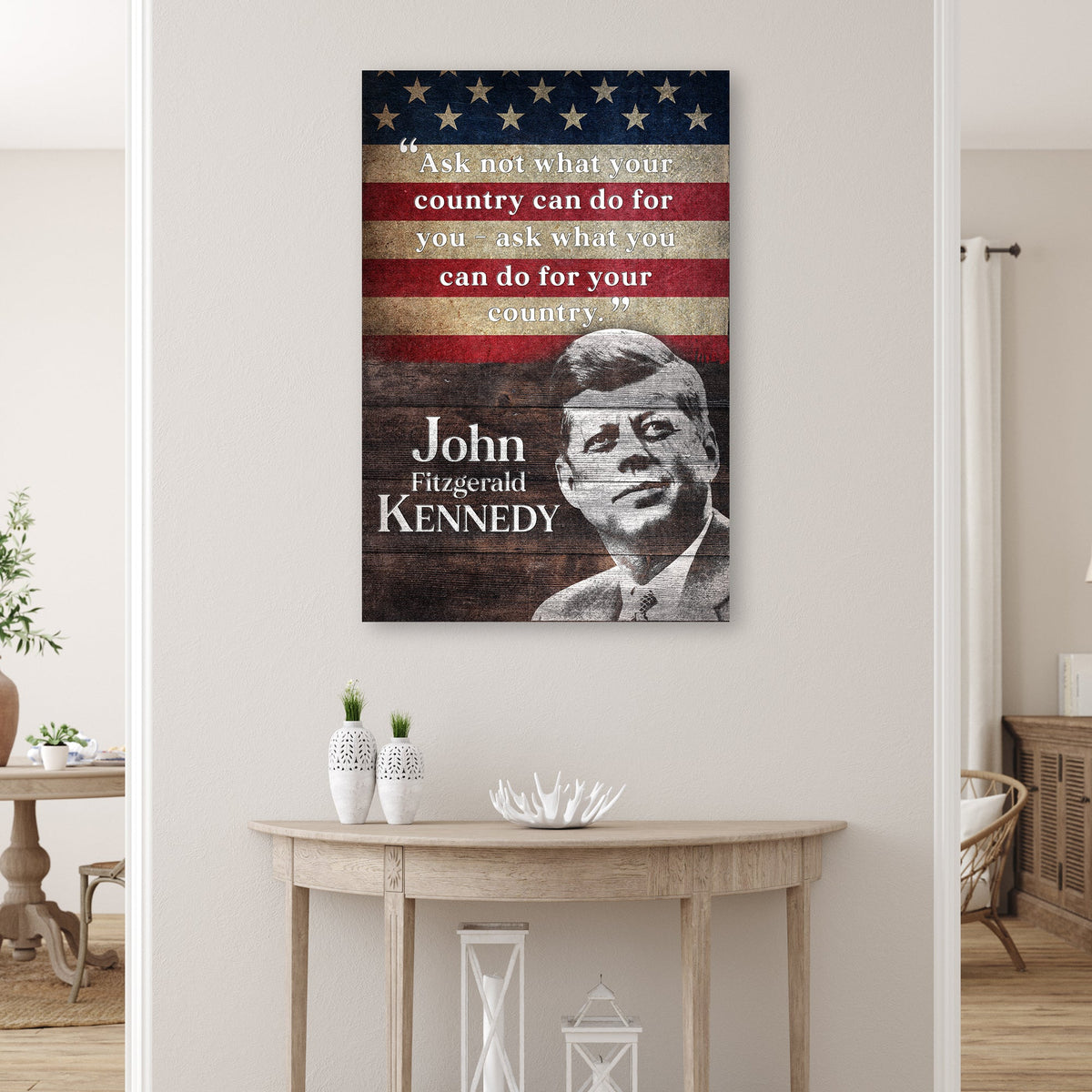 John F Kennedy Inaugural Address Sign Canvas with vintage flag stripes Tailored Canvases on Tampa Home & Garden Store