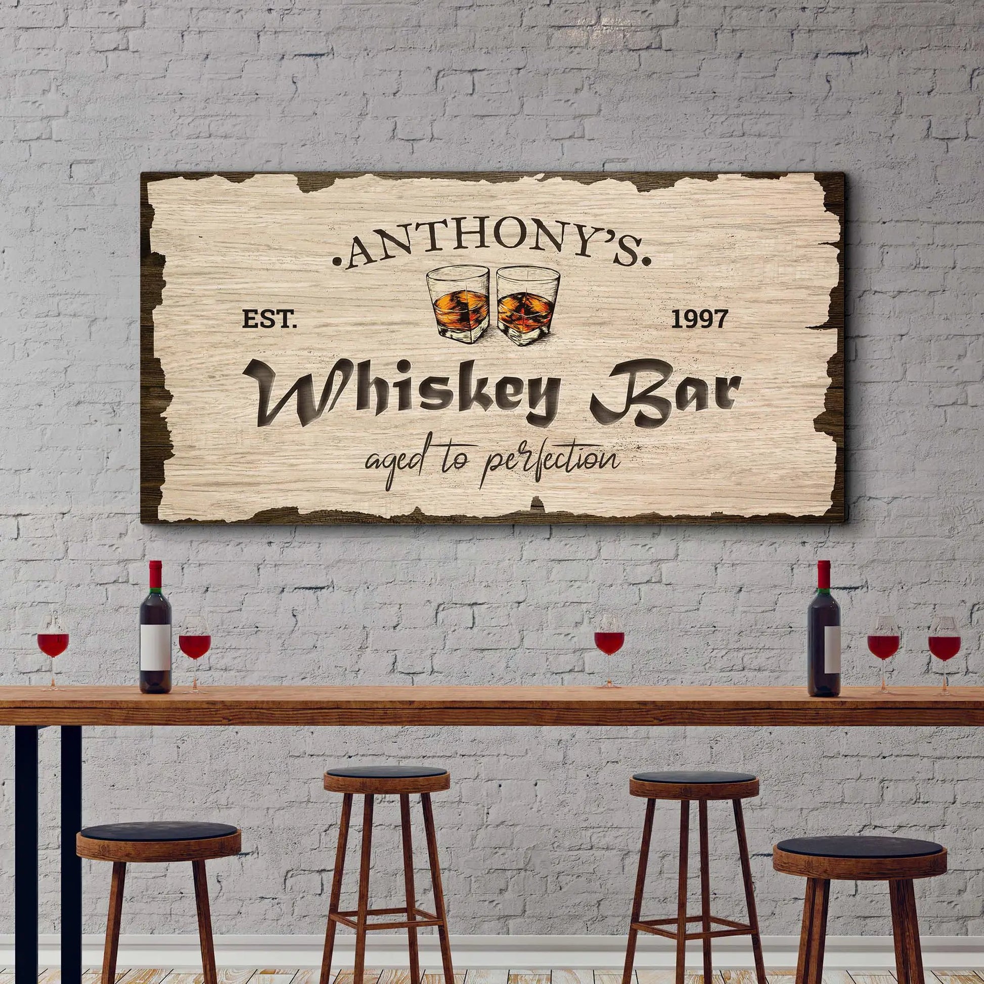 Whiskey Bar Sign II canvas by Tailored Canvases with wood plank design and whiskey glasses on Tampa Home & Garden Store