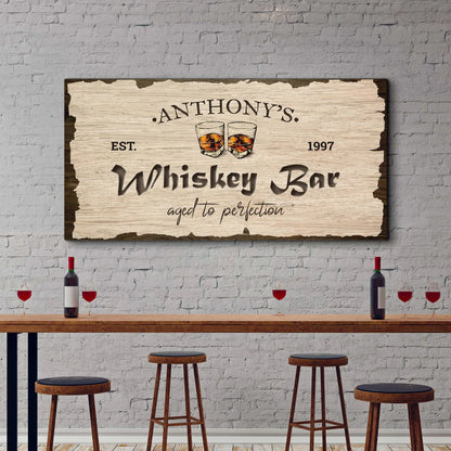Whiskey Bar Sign II canvas by Tailored Canvases with wood plank design and whiskey glasses on Tampa Home & Garden Store