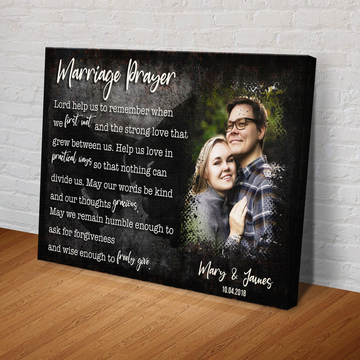Marriage Prayer Couple Sign canvas with a couple portrait on a dark textured background on Tampa Home & Garden Store