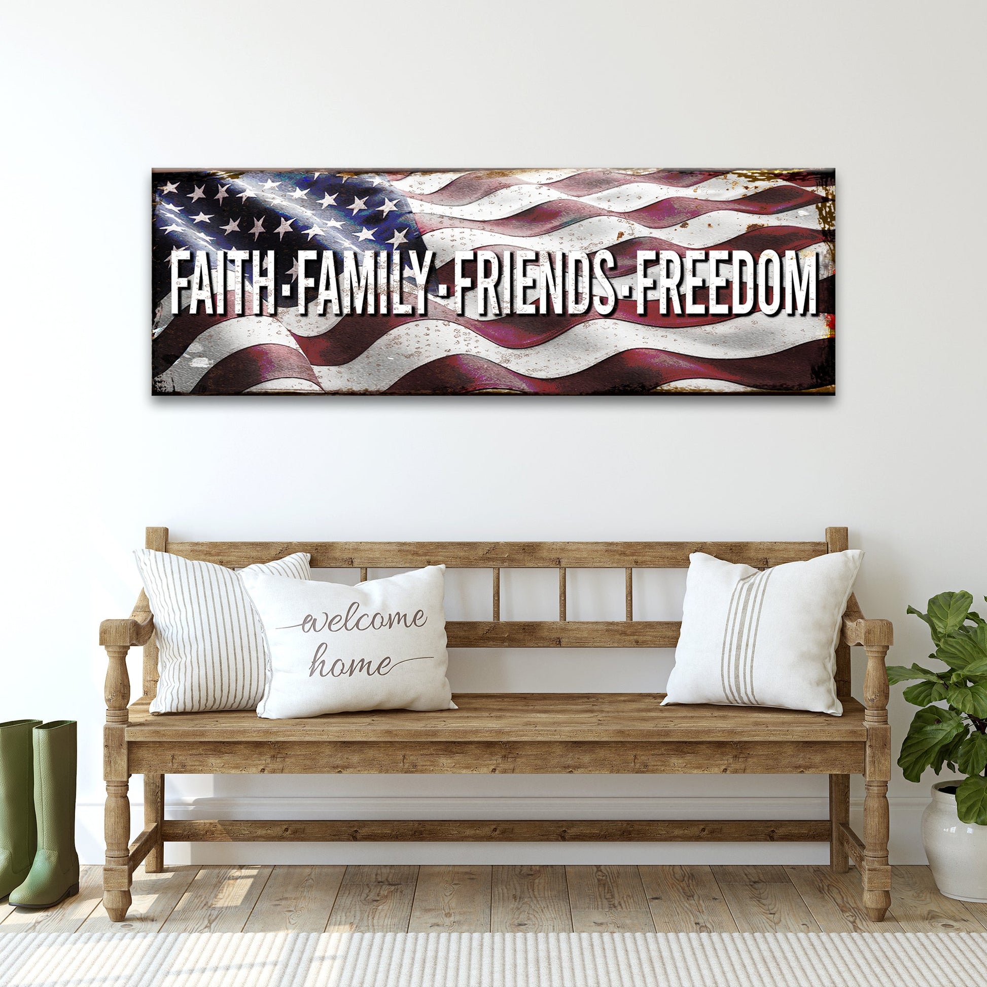 Faith Family Friends Freedom sign canvas by Tailored Canvases with distressed flag backdrop on Tampa Home & Garden Store
