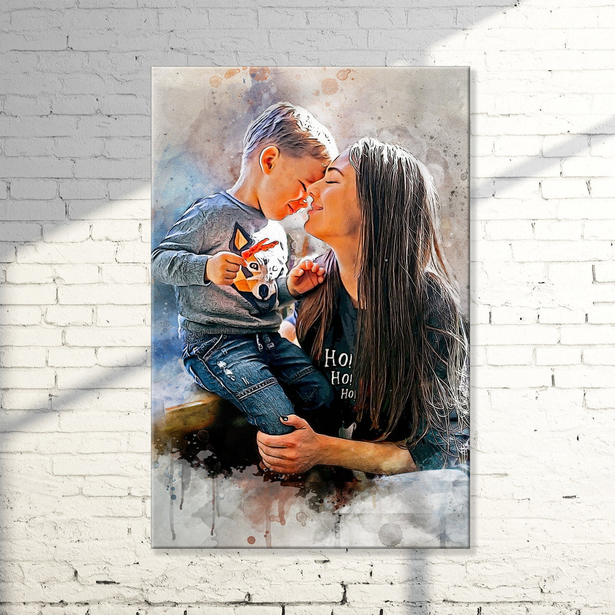 Mother and son watercolor portrait on canvas sign by Tailored Canvases, warm-toned artistry on Tampa Home & Garden Store