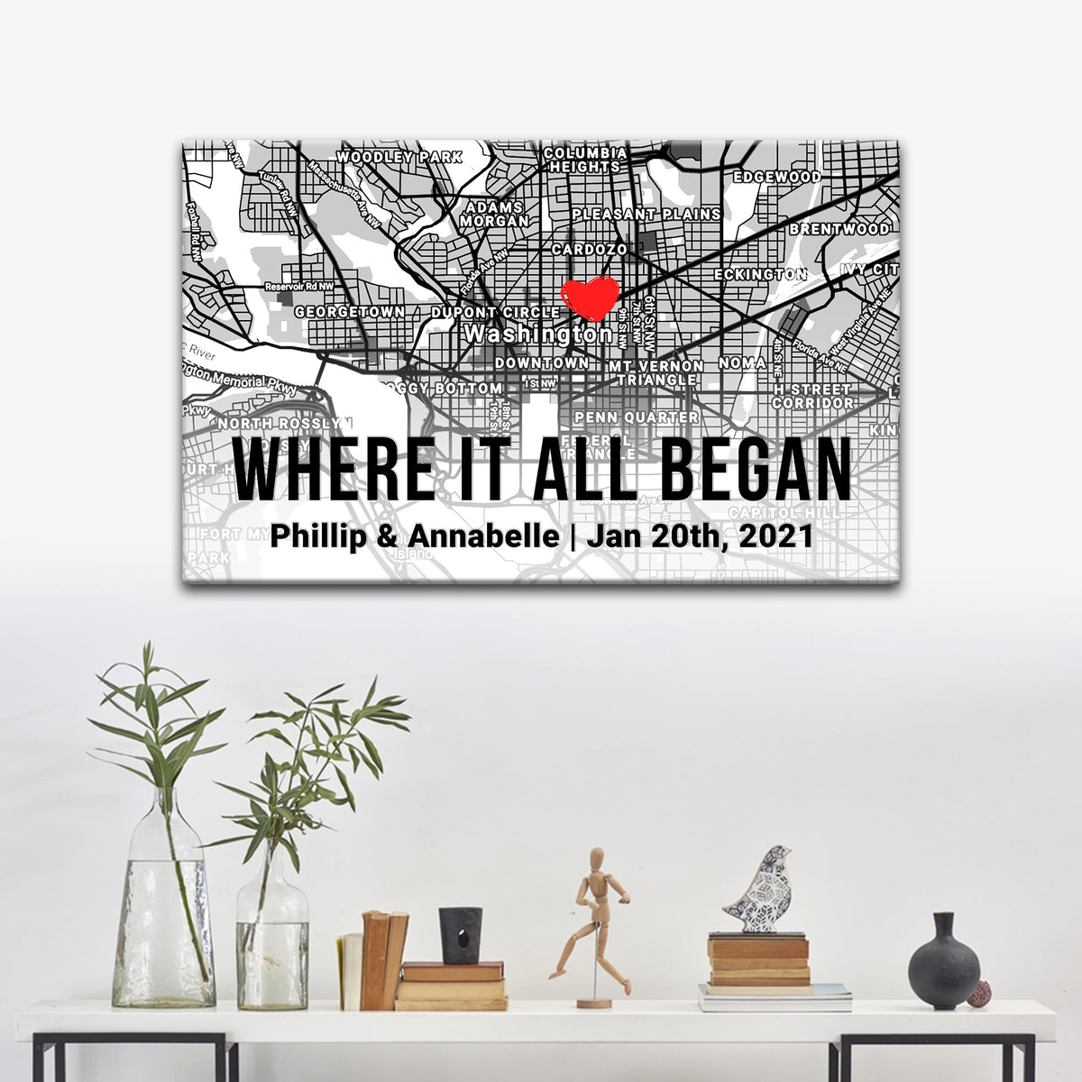 Canvas Couple Street Map Sign II with grayscale city map and red heart near Washington on Tampa Home & Garden Store