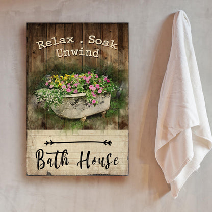 Relax Soak Unwind Sign VII canvas by Tailored Canvases with rustic wood backdrop on Tampa Home & Garden Store