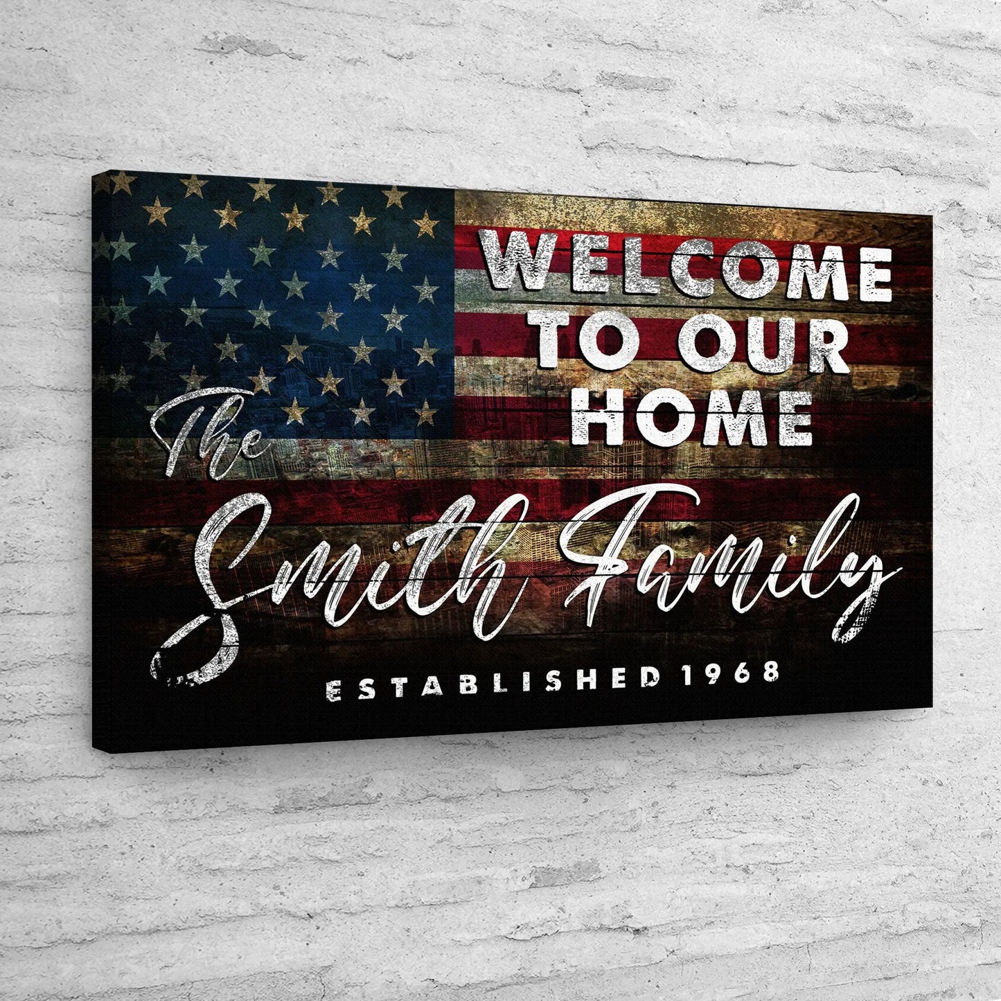 Welcome To Our Home canvas sign with American flag panel and rustic wood texture on Tampa Home & Garden Store