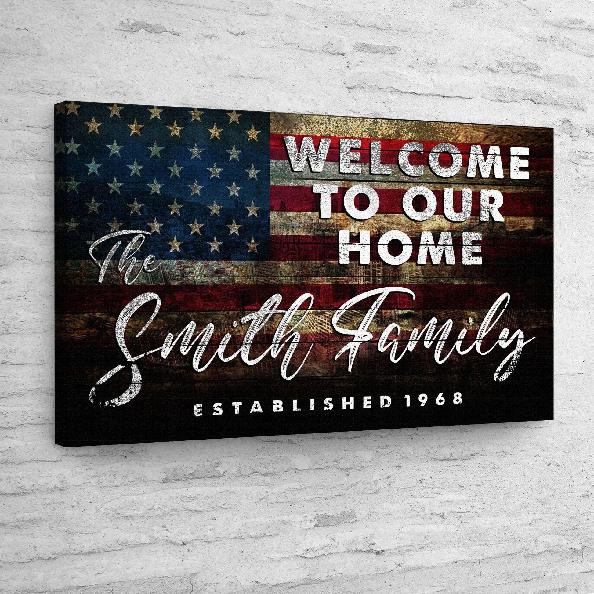 Welcome To Our Home canvas sign with American flag panel and rustic wood texture on Tampa Home & Garden Store