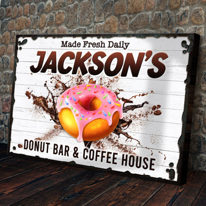 Donut Bar & Coffee House canvas sign with Made Fresh Daily and Jackson's pink donut image on Tampa Home & Garden Store
