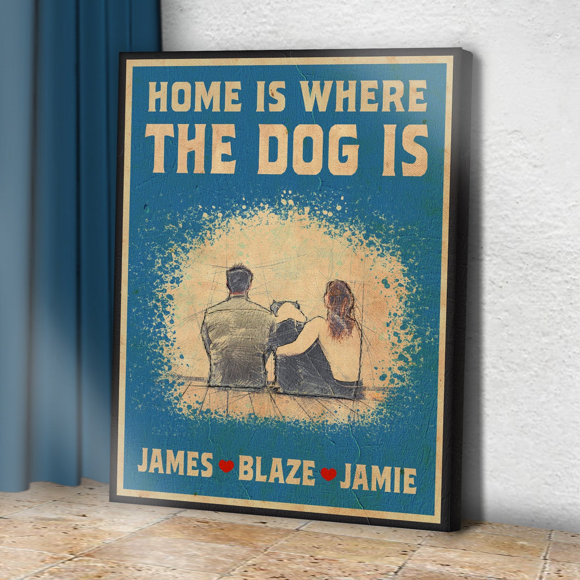 Home Is Where The Dog Is Sign II canvas by Tailored Canvases blue sign with beige text on Tampa Home & Garden Store