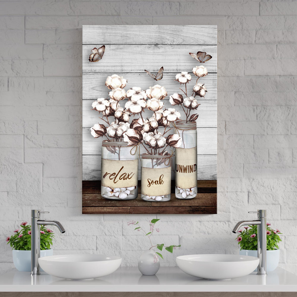 Relax, Soak, Unwind Sign II canvas by Tailored Canvases with cotton bouquets on weathered wood on Tampa Home & Garden Store