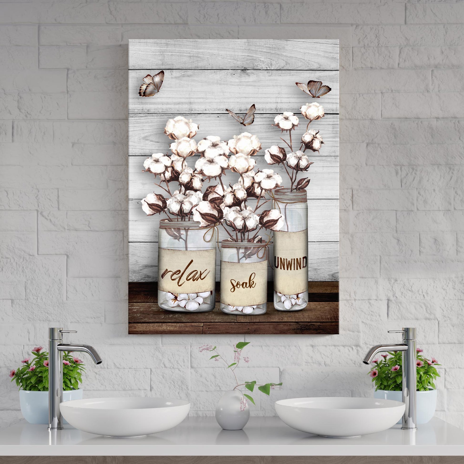 Relax, Soak, Unwind Sign II canvas by Tailored Canvases with cotton bouquets on weathered wood on Tampa Home & Garden Store