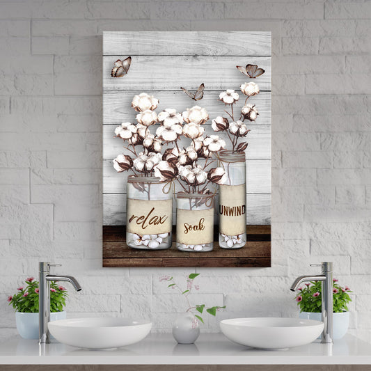 Relax, Soak, Unwind Sign II canvas by Tailored Canvases with cotton bouquets on weathered wood on Tampa Home & Garden Store