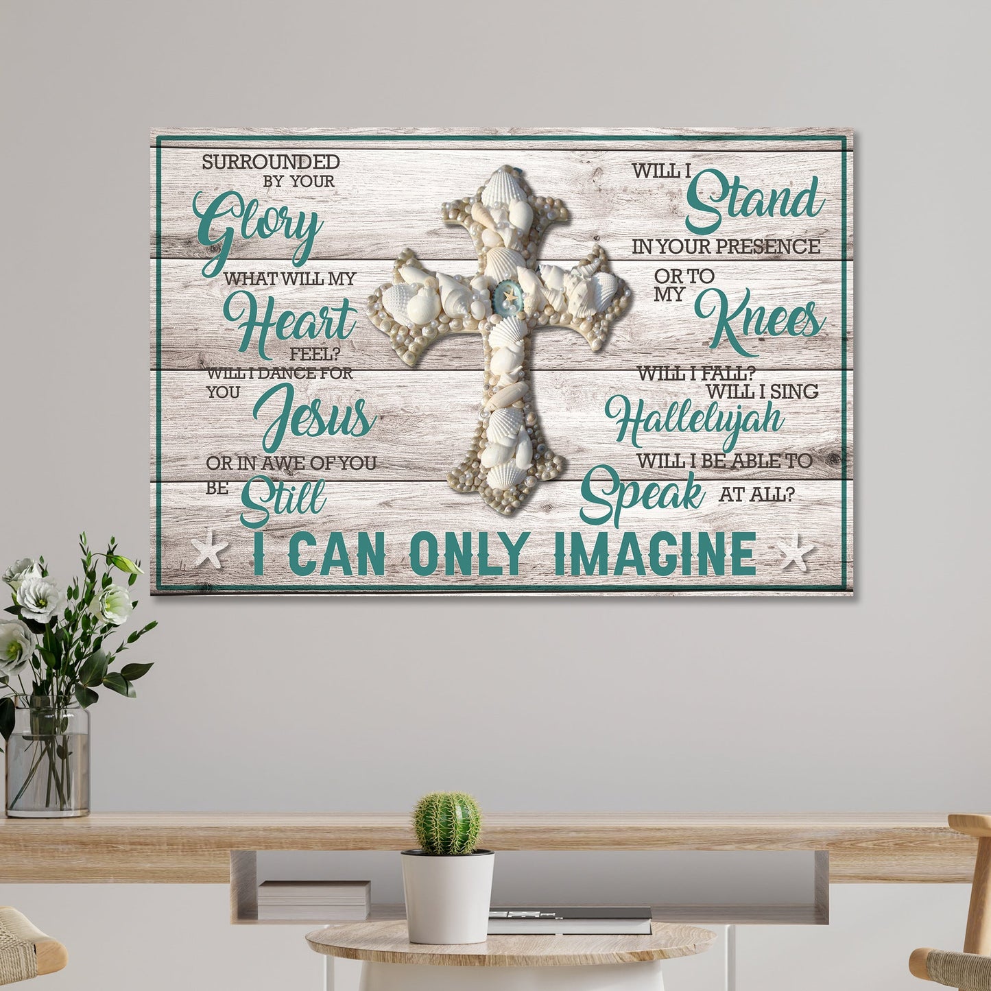 Canvas I Can Only Imagine Jesus Sign with seashell cross on distressed wood by Tailored Canvases on Tampa Home & Garden Store
