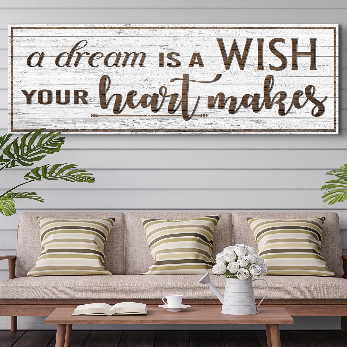 Canvas sign A Dream Is A Wish Your Heart Makes with whitewashed wood backdrop Tailored Canvases on Tampa Home & Garden Store