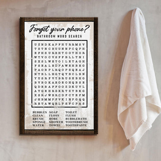 Bathroom Word Search Sign canvas by Tailored Canvases with weathered frame and black letter grid on Tampa Home & Garden Store
