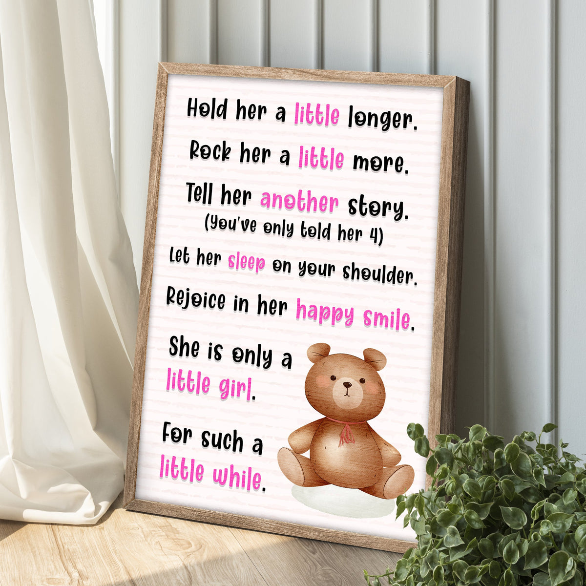 Canvas sign Hold Her A Little Longer by Tailored Canvases with pink accents on Tampa Home & Garden Store
