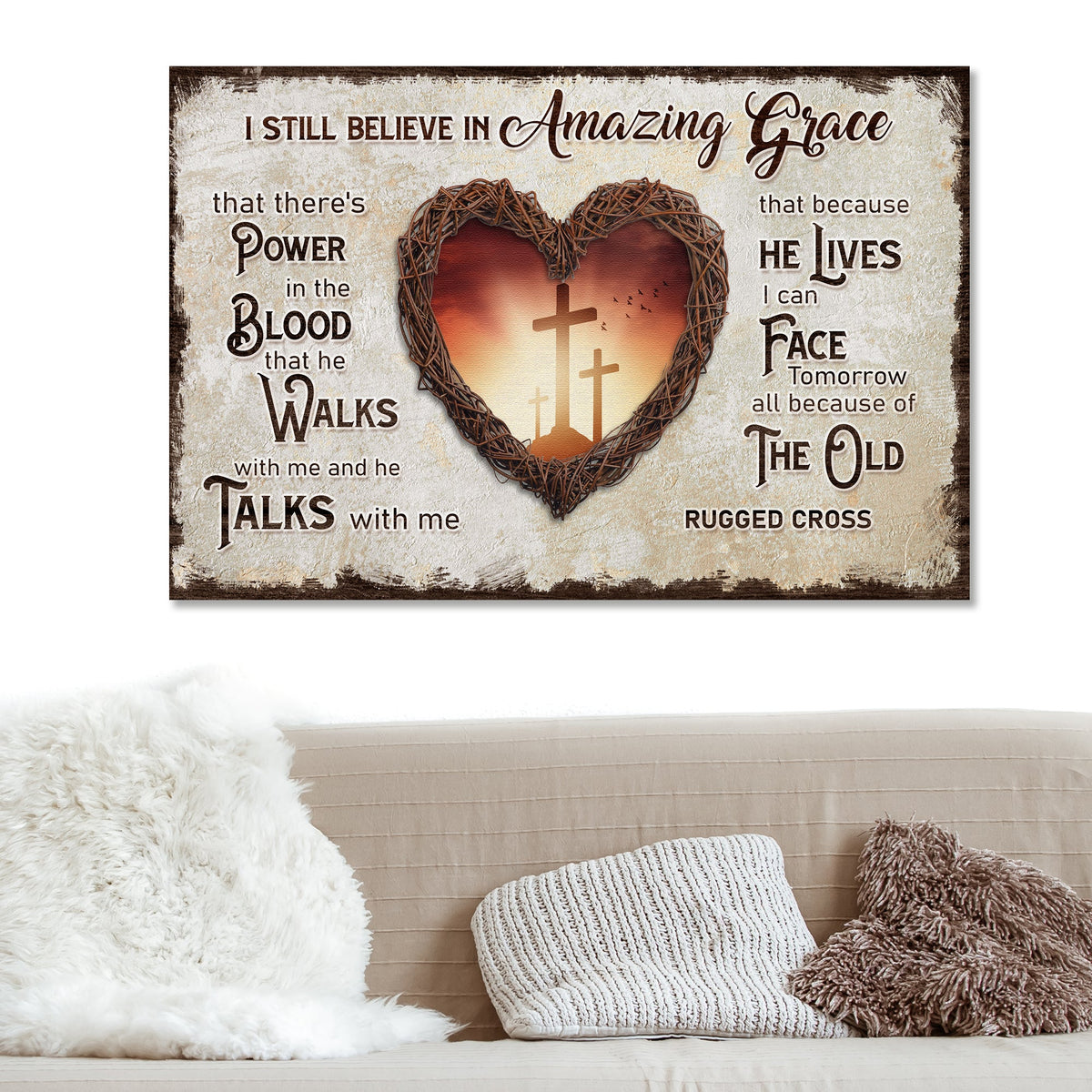 Sign V canvas by Tailored Canvases with vine heart and cross on rustic backdrop on Tampa Home & Garden Store