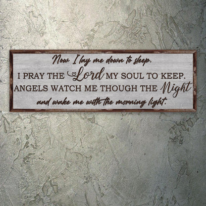 Canvas sign Now I lay me down to sleep by Tailored Canvases, wood-framed whitewashed panel on Tampa Home & Garden Store