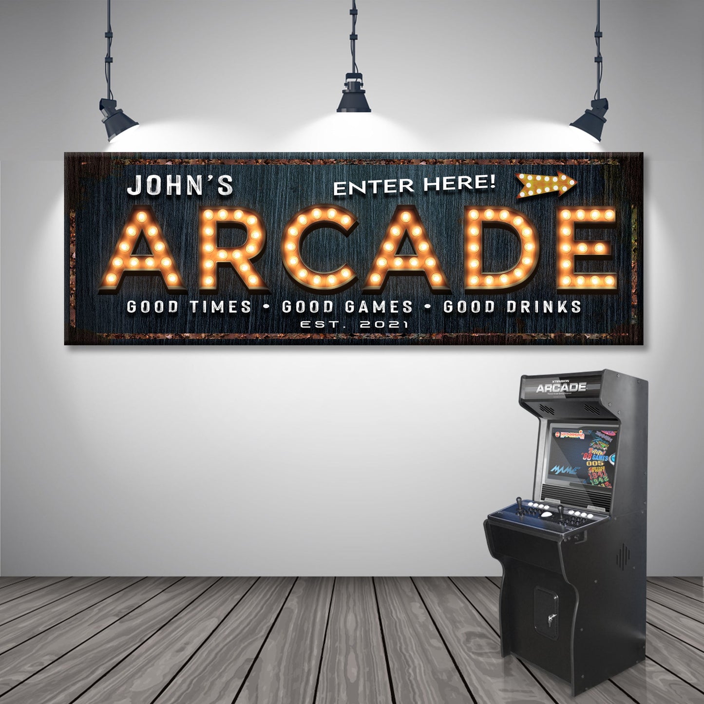 Arcade Enter Here Sign canvas art with illuminated marquee letters on rustic wood backdrop on Tampa Home & Garden Store