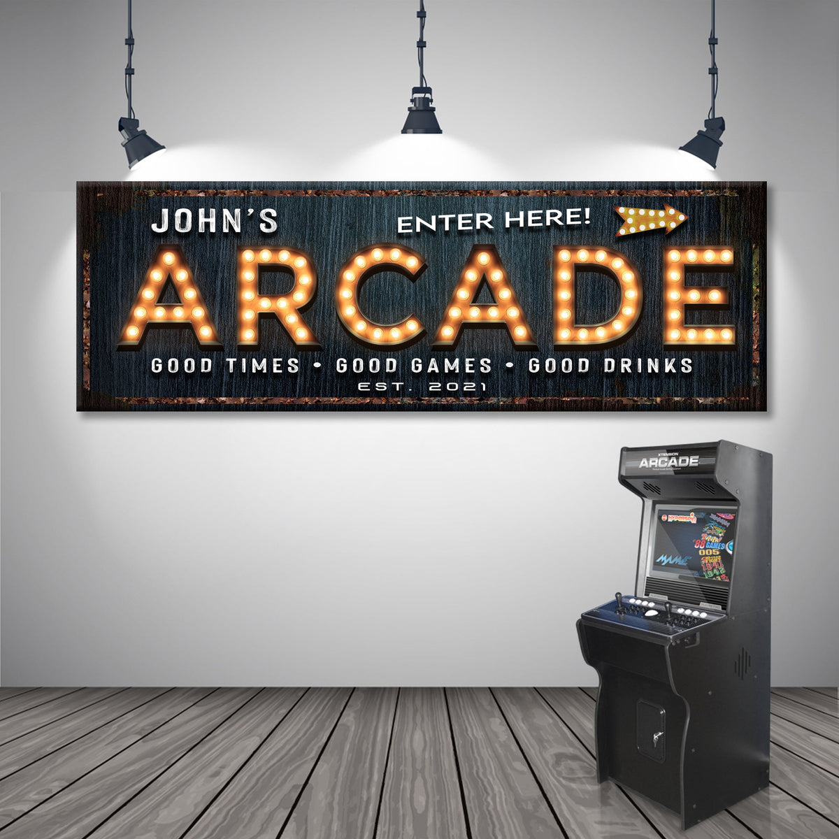 Arcade Enter Here Sign canvas art with illuminated marquee letters on rustic wood backdrop on Tampa Home & Garden Store