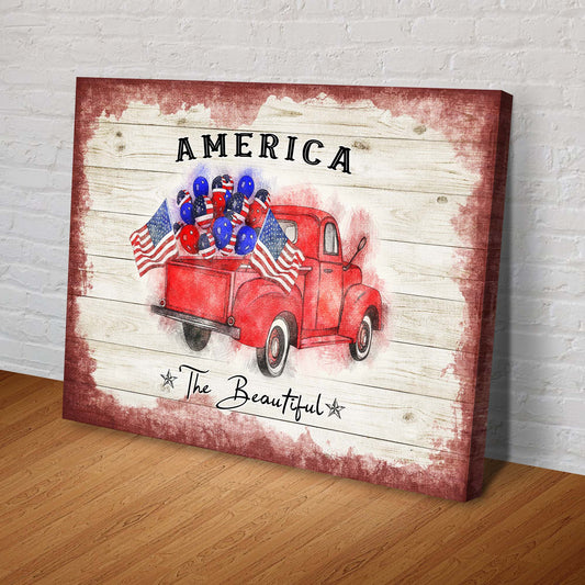 America The Beautiful Sign II canvas by Tailored Canvases red vintage truck with flag balloons on distressed wood on Tampa Home & Garden Store