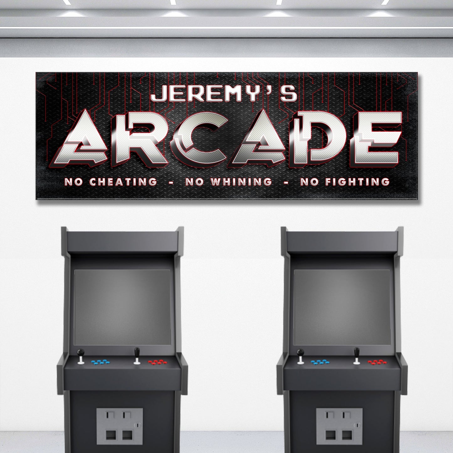 Arcade Family Sign canvas featuring JEREMY'S ARCADE on black metal background with red circuits on Tampa Home & Garden Store