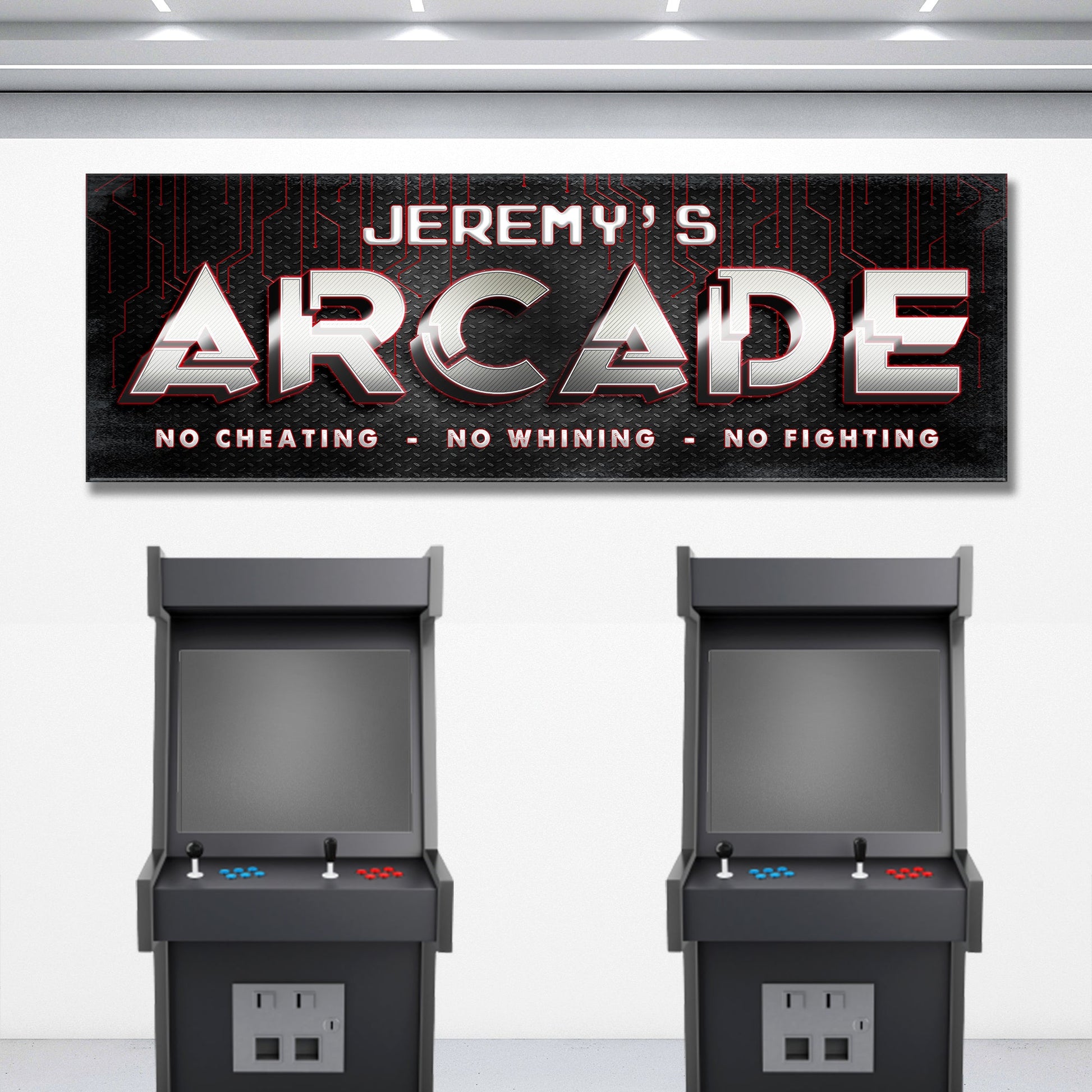 Arcade Family Sign canvas featuring JEREMY'S ARCADE on black metal background with red circuits on Tampa Home & Garden Store