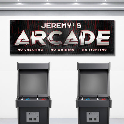 Arcade Family Sign canvas featuring JEREMY'S ARCADE on black metal background with red circuits on Tampa Home & Garden Store