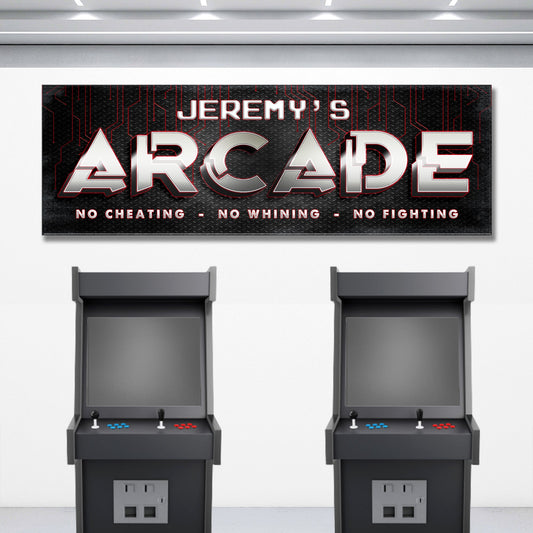 Arcade Family Sign canvas featuring JEREMY'S ARCADE on black metal background with red circuits on Tampa Home & Garden Store
