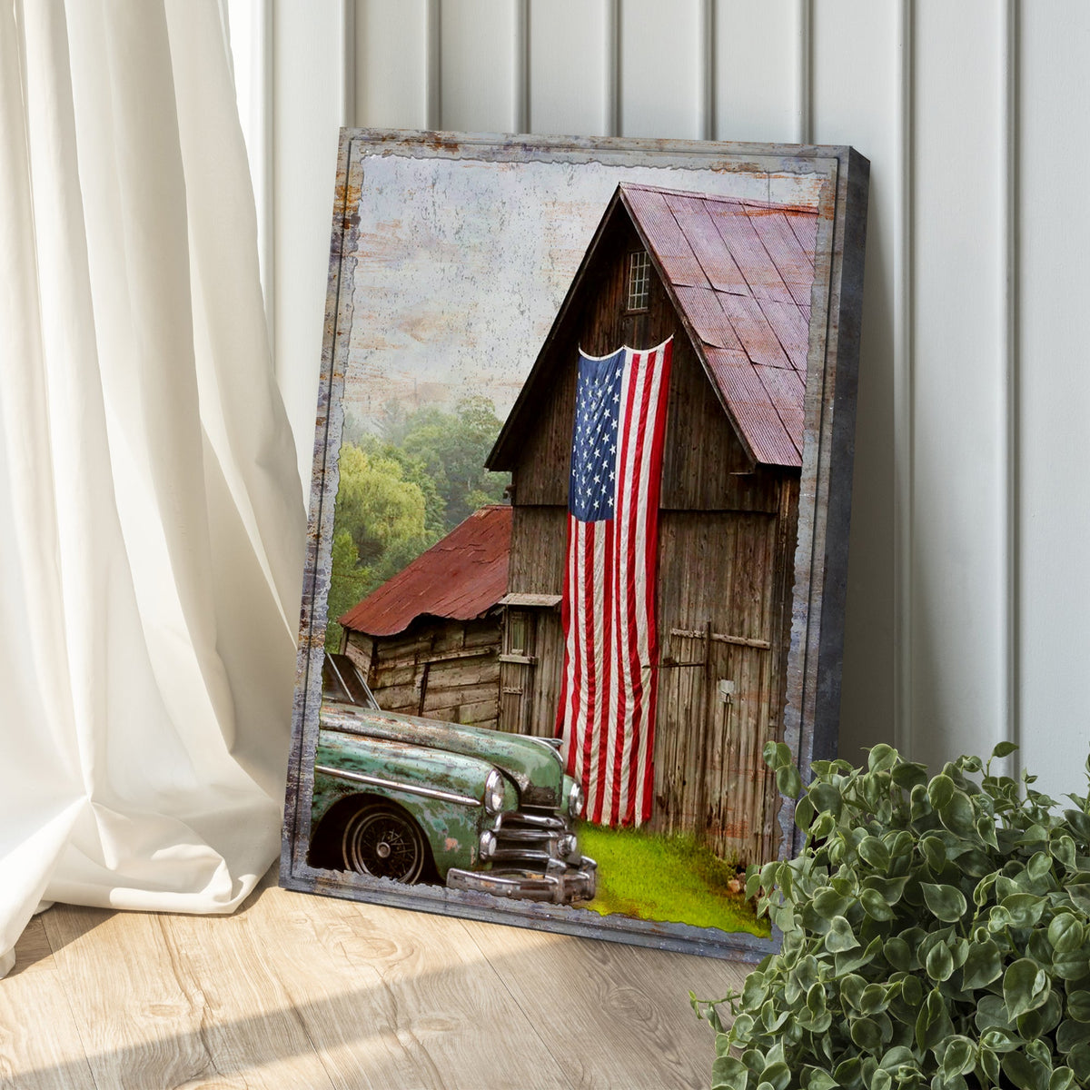 America Country Barn Canvas Wall Art rustic barn with waving American flag on Tampa Home & Garden Store