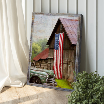 America Country Barn Canvas Wall Art rustic barn with waving American flag on Tampa Home & Garden Store