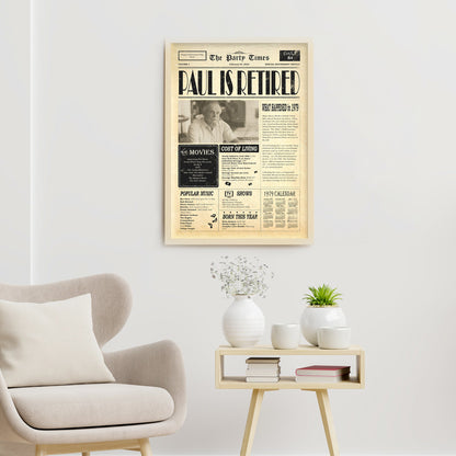 Newspaper Retirement Gift Sign canvas with vintage newspaper print on beige frame canvas on Tampa Home & Garden Store