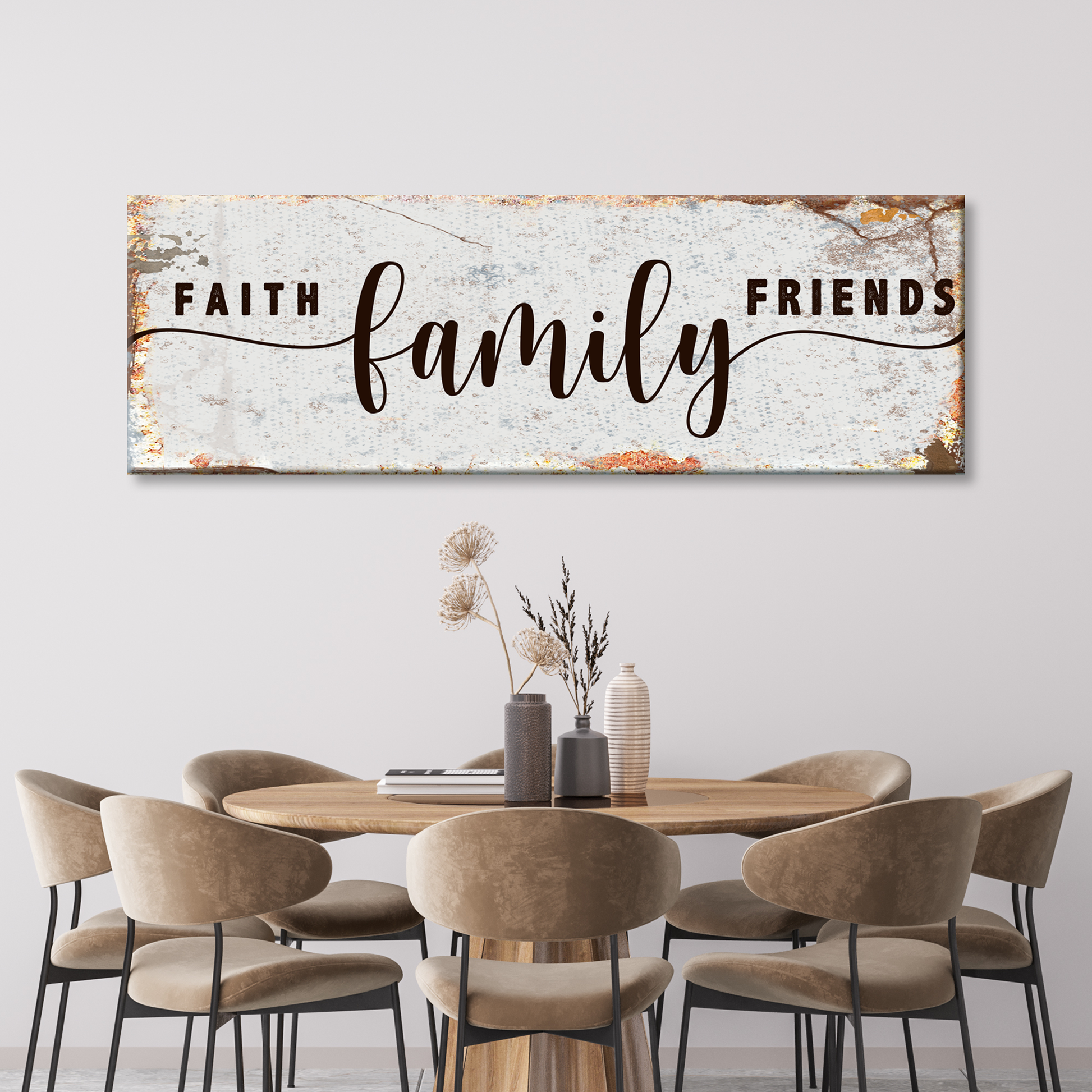 Faith Family Friends Sign II canvas by Tailored Canvases with rustic distressed background on Tampa Home & Garden Store