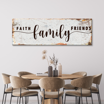 Faith Family Friends Sign II canvas by Tailored Canvases with rustic distressed background on Tampa Home & Garden Store