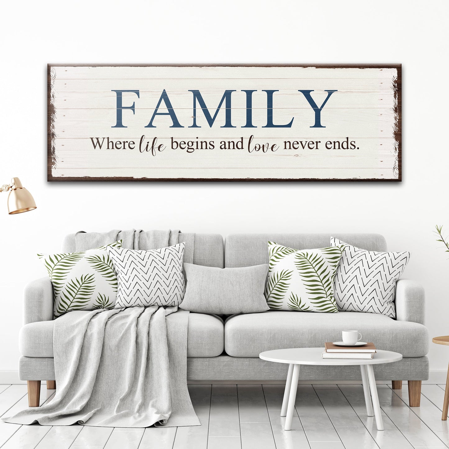 Canvas sign 8 Powerful Words Family Sign II on white wood with blue FAMILY and brown frame on Tampa Home & Garden Store