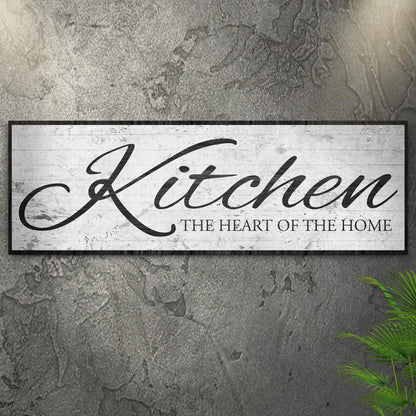 Canvas sign Kitchen Is The Heart Of The Home II by Tailored Canvases; rustic white board with script on Tampa Home & Garden Store
