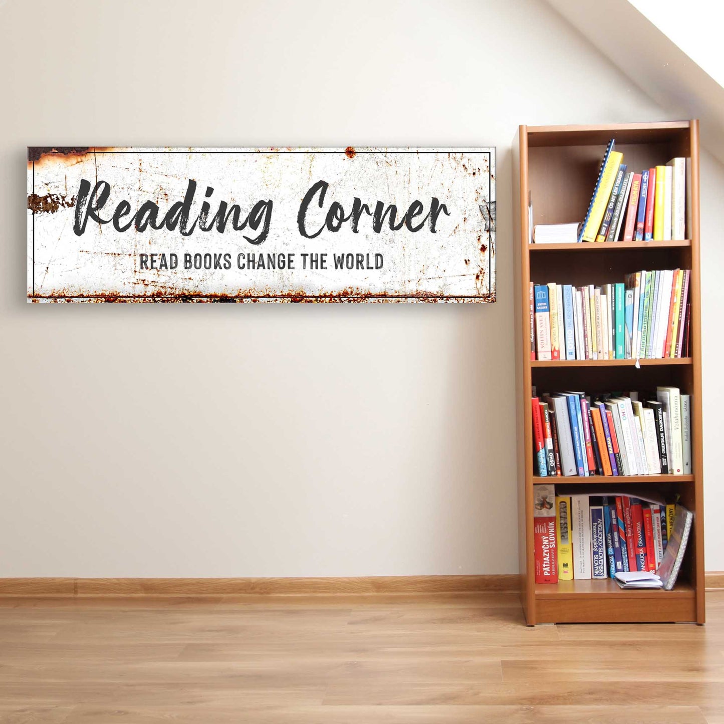 Reading Corner Sign canvas with rustic weathered frame on wall beside a wooden bookshelf on Tampa Home & Garden Store