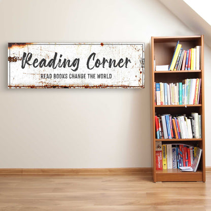 Reading Corner Sign canvas with rustic weathered frame on wall beside a wooden bookshelf on Tampa Home & Garden Store