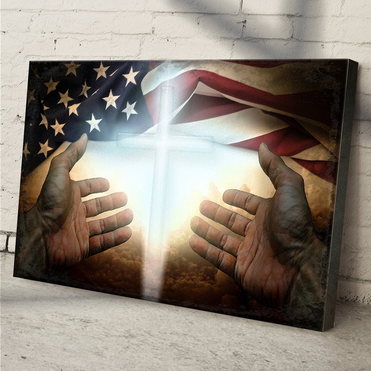 American Faith Canvas Wall Art by Tailored Canvases, patriotic flag print on canvas, hands shown on Tampa Home & Garden Store