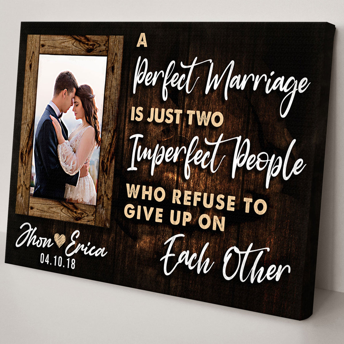 Tailored Canvases wood-framed canvas sign with couple photo and marriage quote on Tampa Home & Garden Store